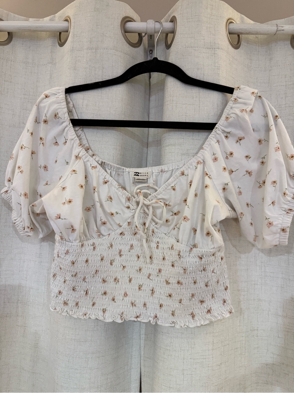 Billabong Cream Floral Smocked Lace-Up Crop Top